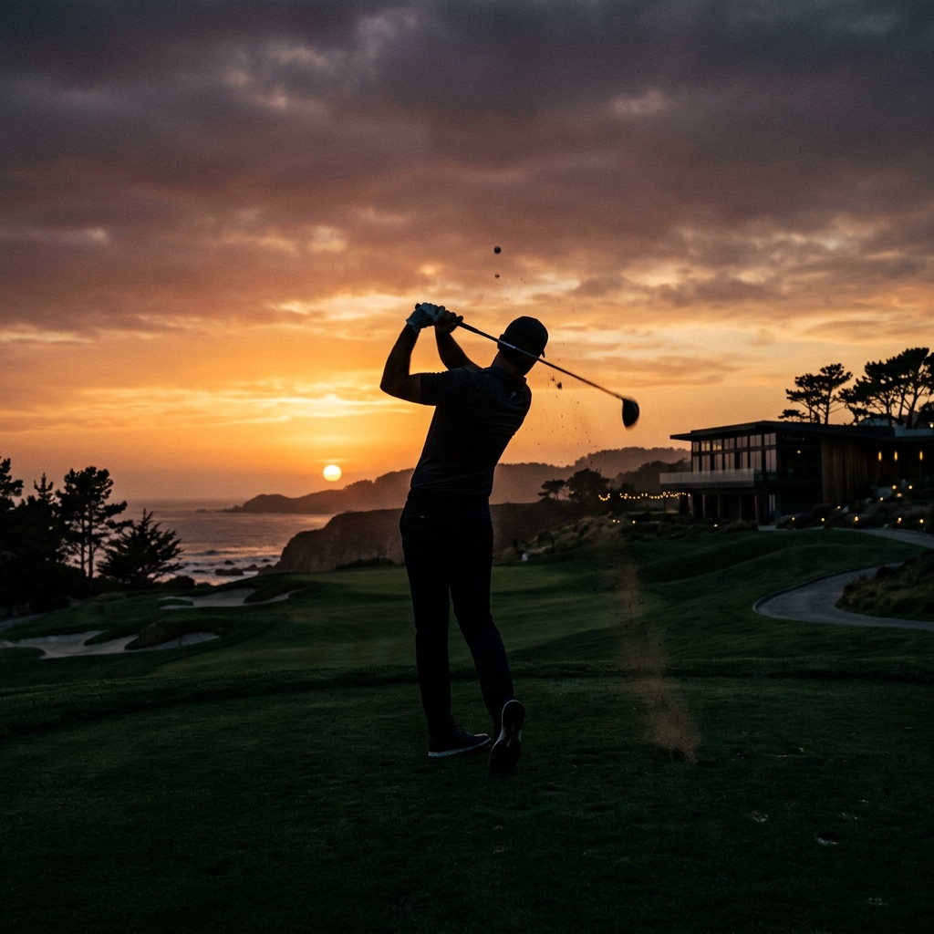 Golfer swinging at sunset